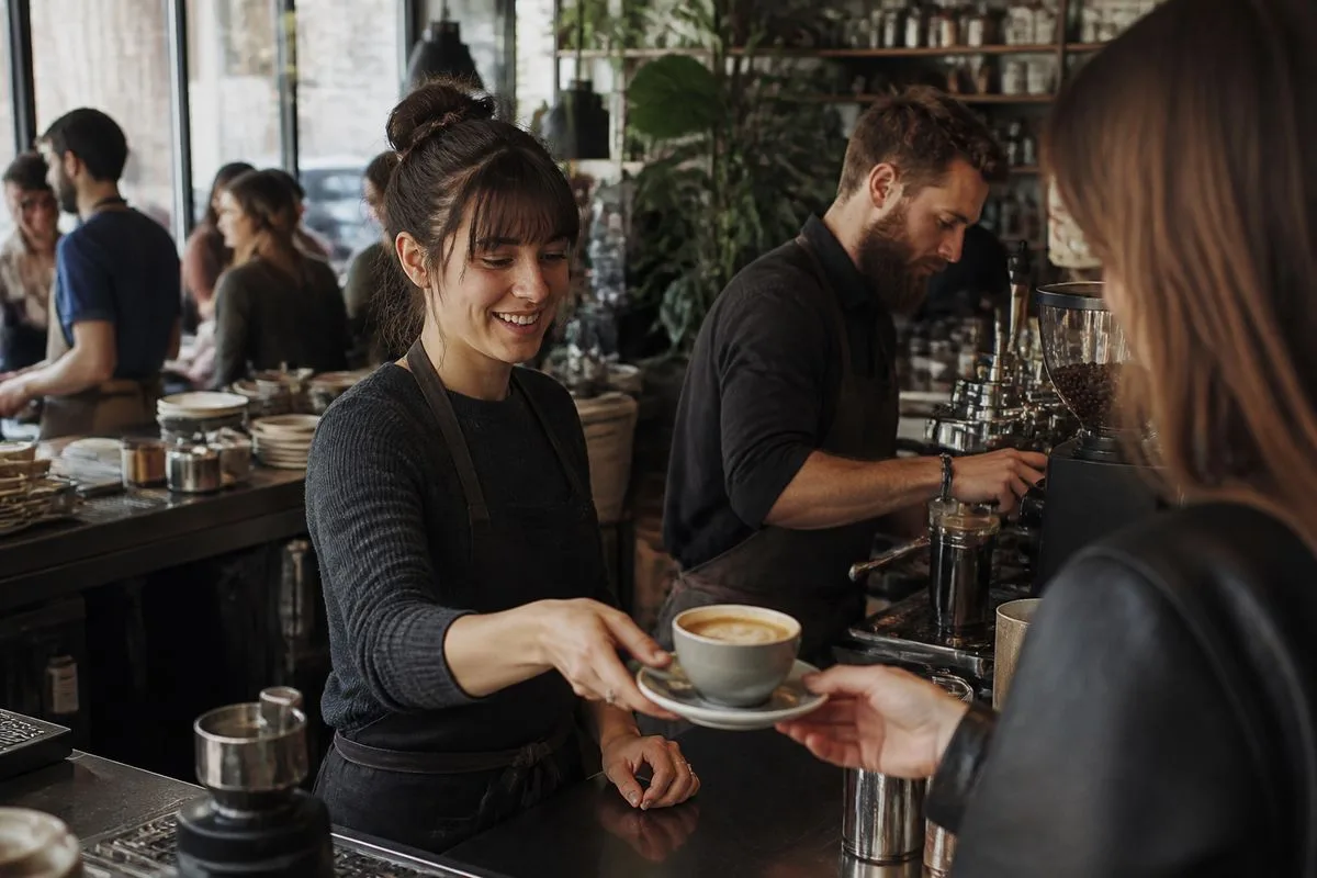Baristas serving coffee at a bustling café counter