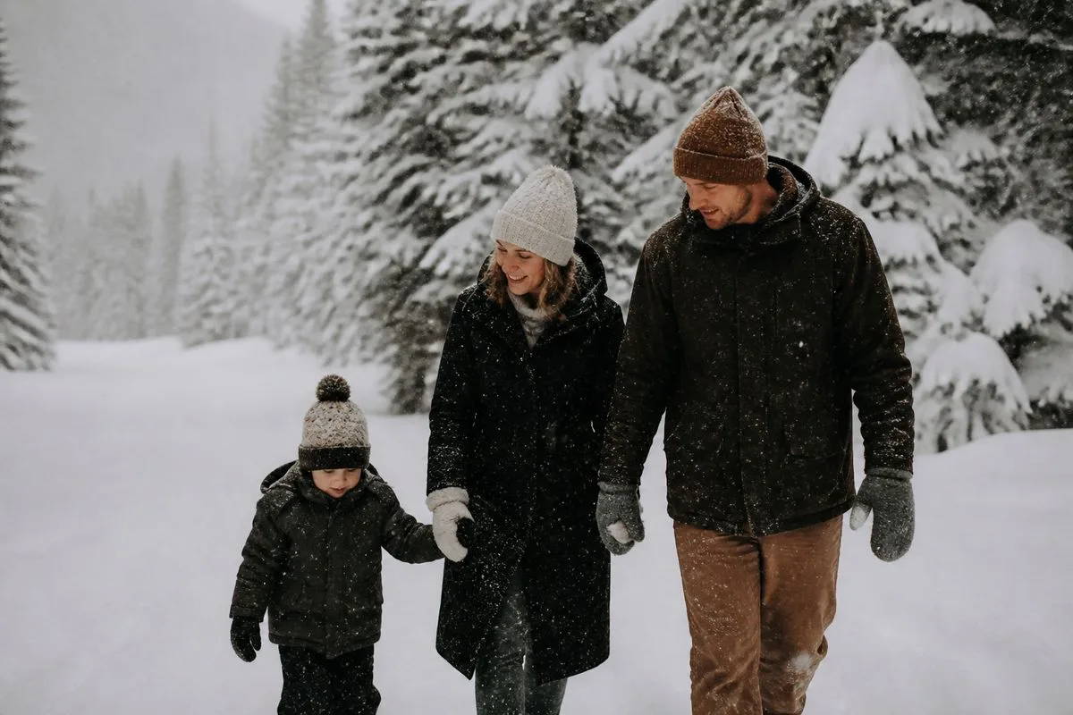 A family dressed warmly, walking through fresh snow.