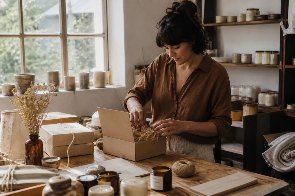 A freelancer packaging handmade goods in a home studio