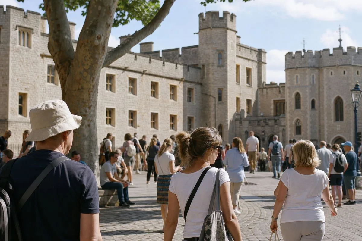 Tourists exploring the Tower of London courtyard on a sunny day