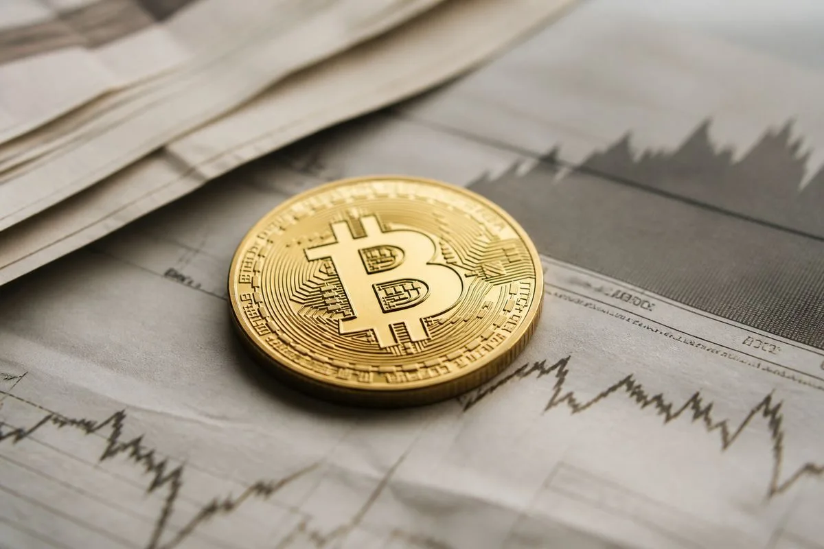 A close-up of a Bitcoin coin resting on a financial newspaper.