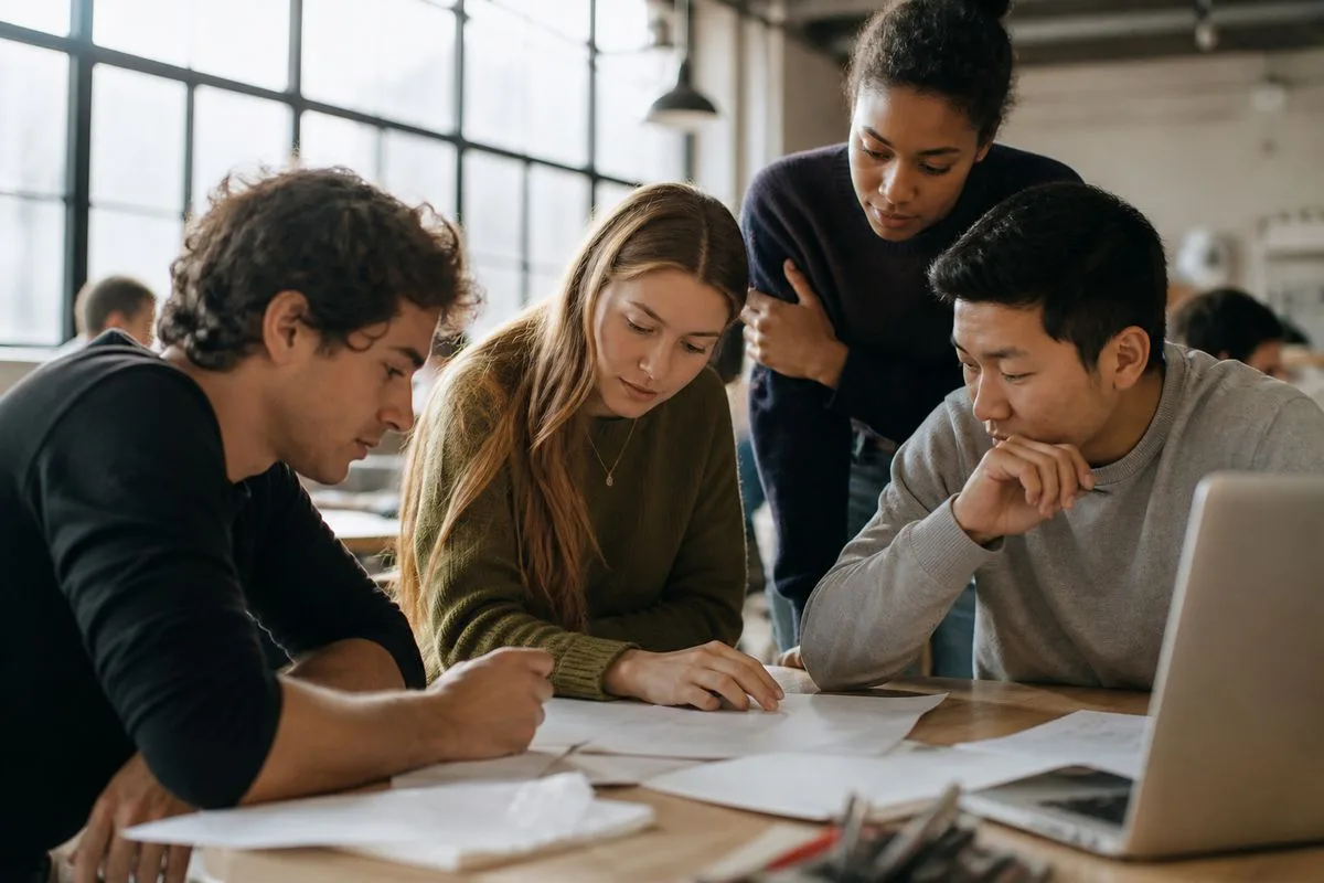 Students collaborating on a startup project in a modern classroom