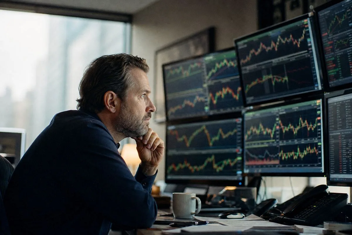 A seasoned trader reviewing market data on multiple screens.