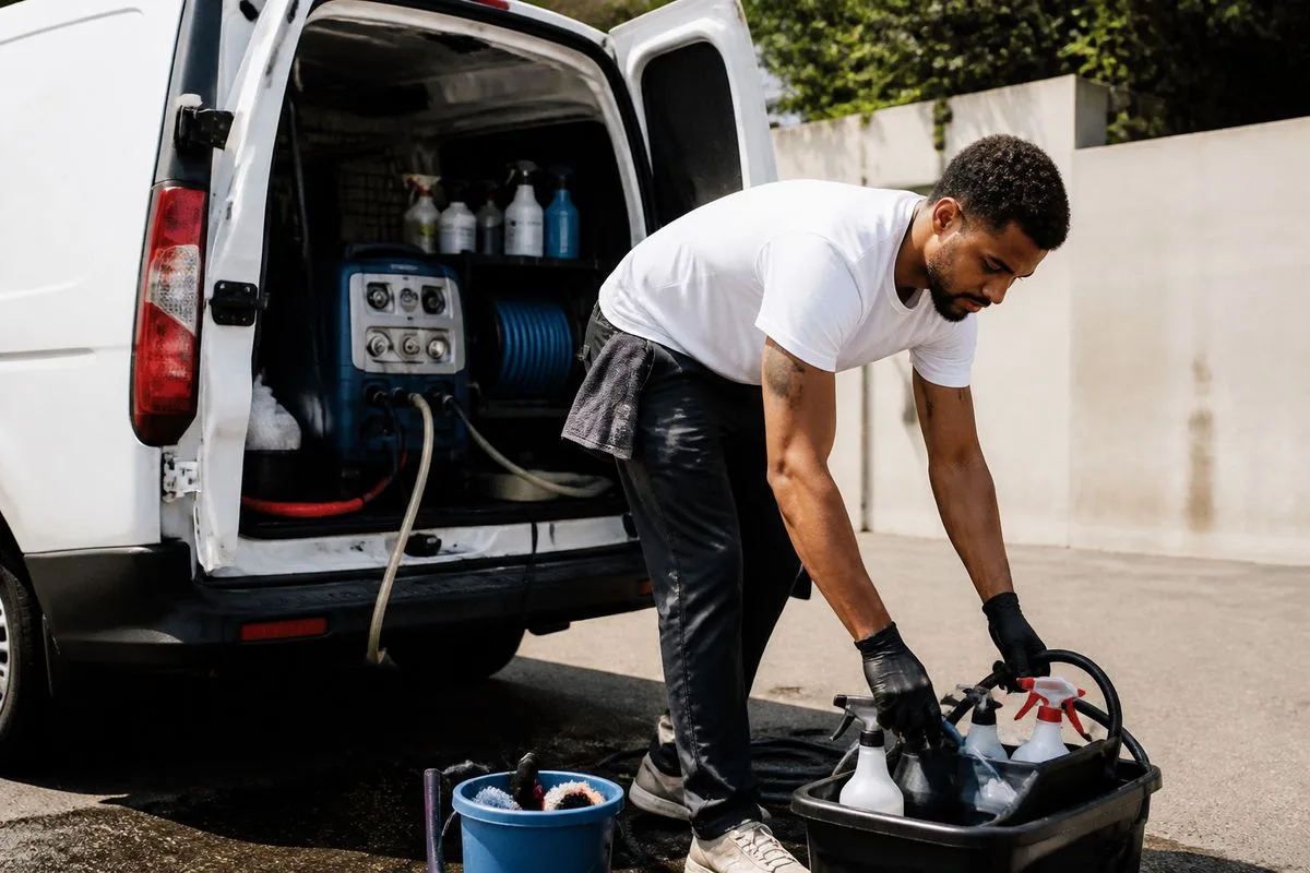 A solo entrepreneur setting up a mobile car wash station