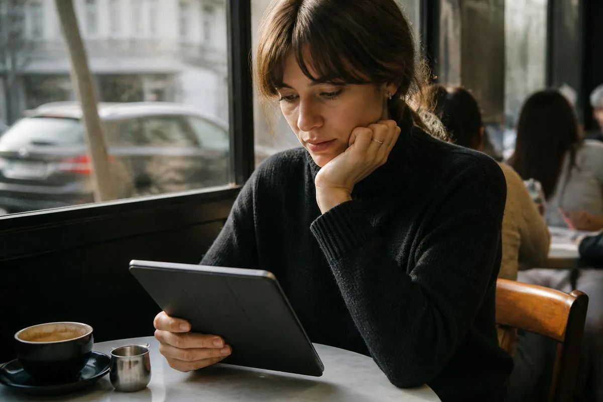 A reader comparing news articles on a tablet at a café