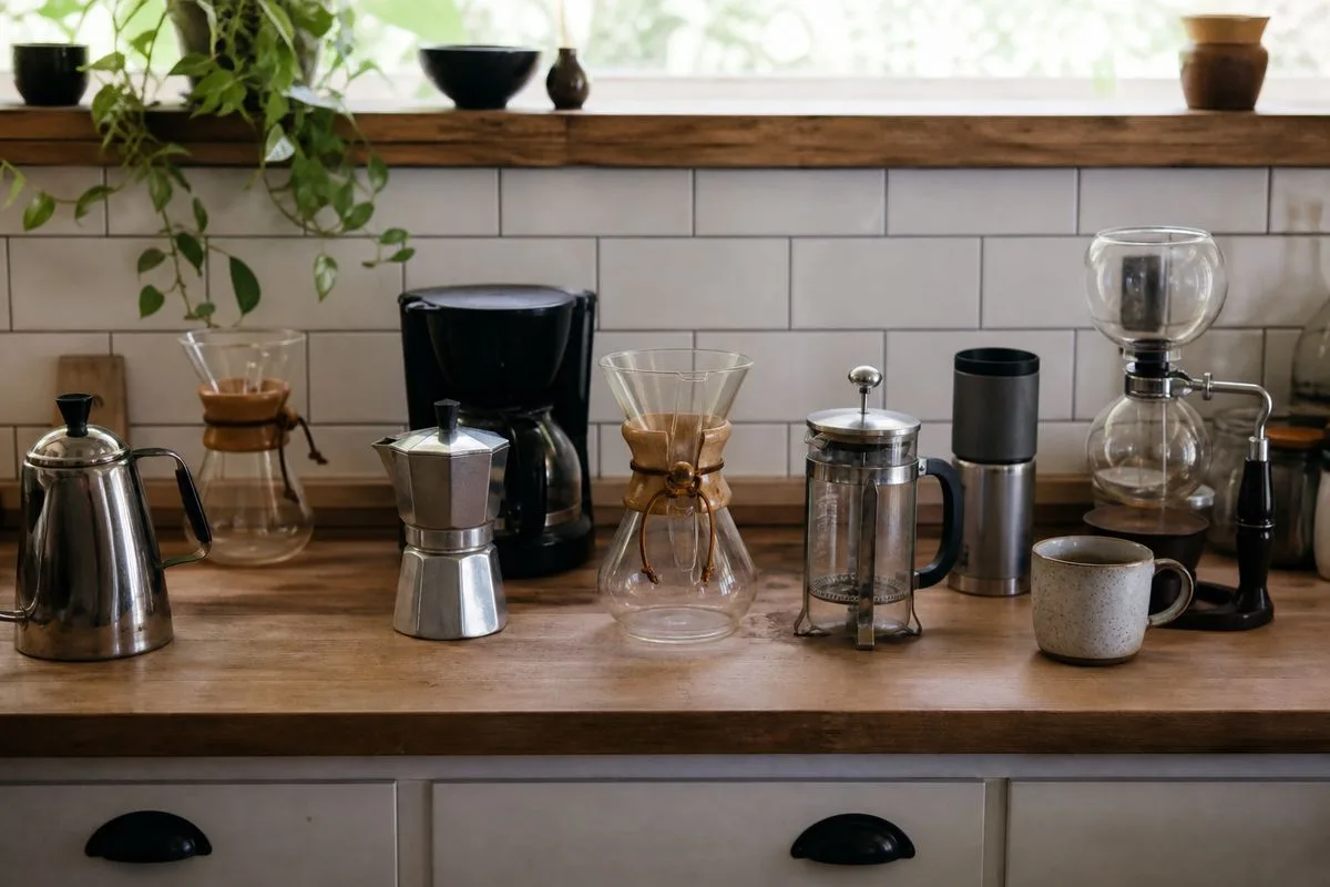 A kitchen countertop filled with various coffee makers