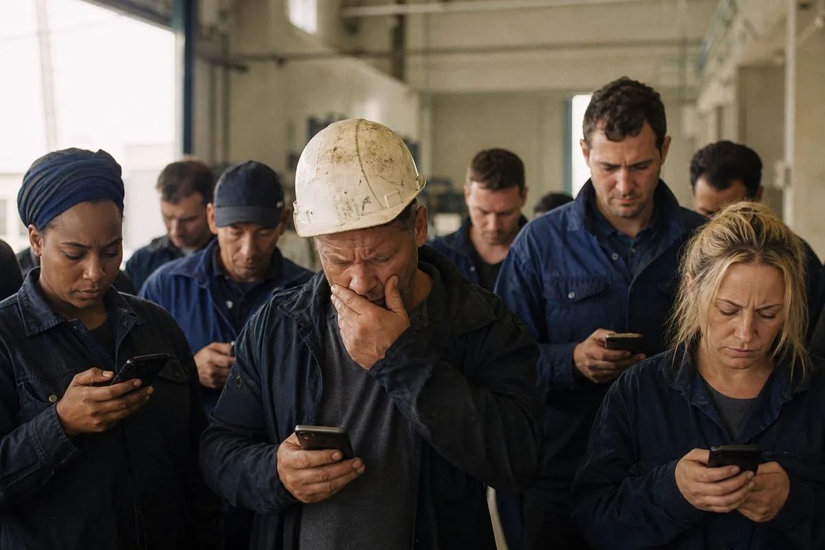 Workers anxiously checking job listings on their phones