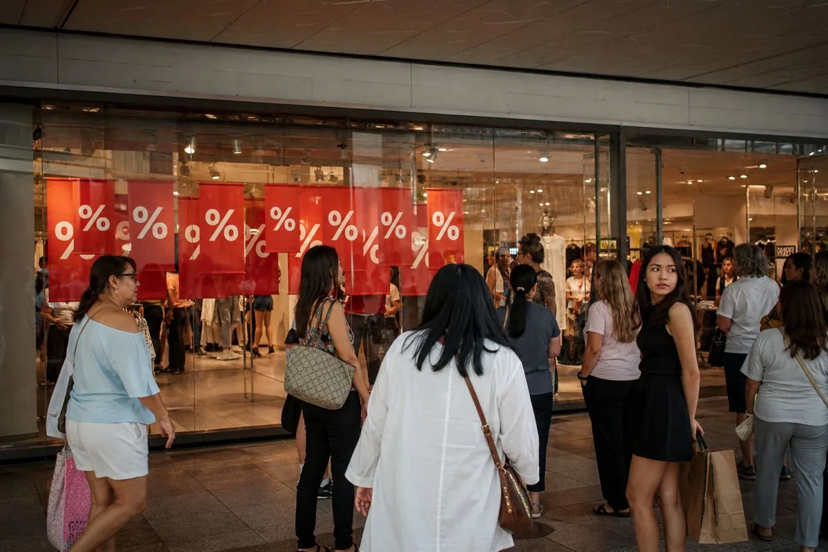 Shoppers browsing outside a closing H&M store in a busy mall