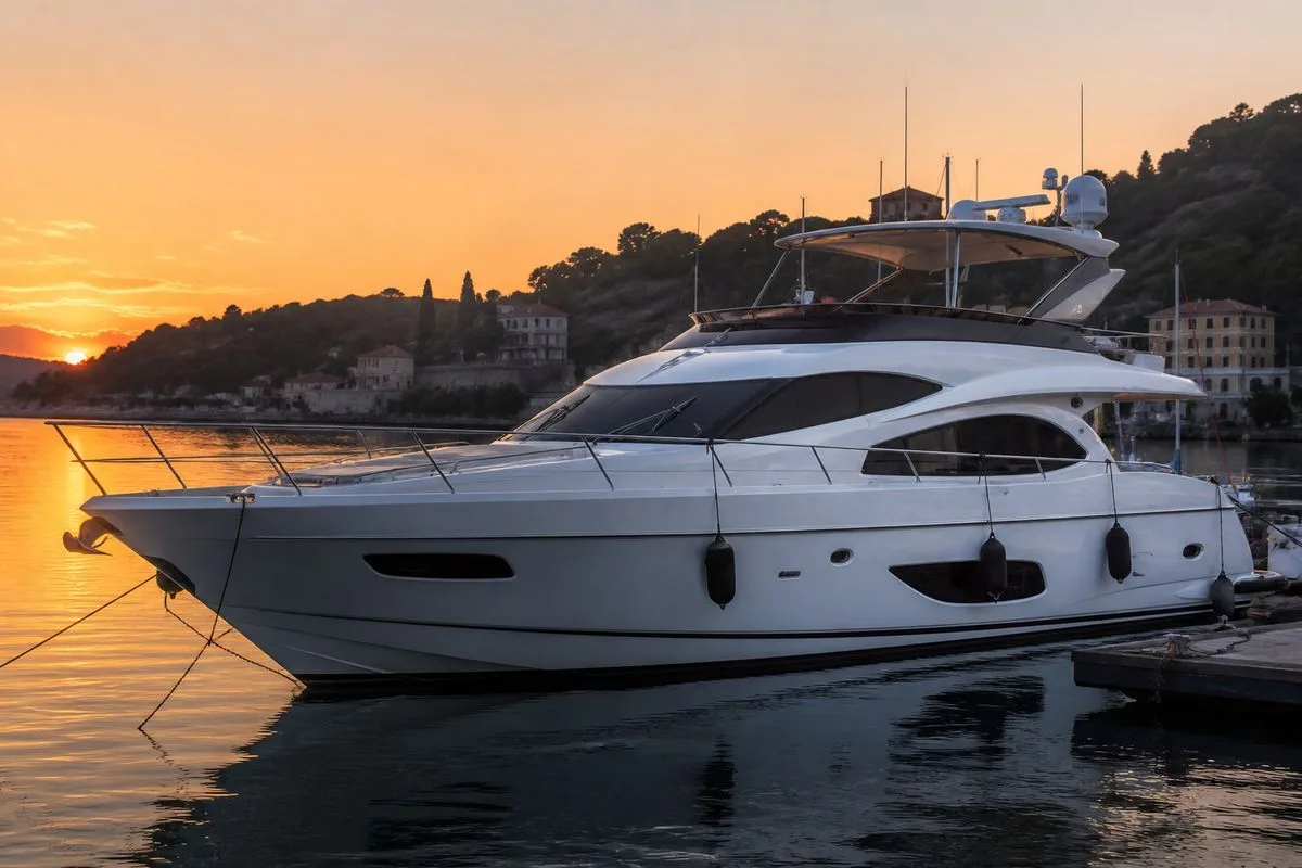 A sleek 20-metre flybridge yacht docked at sunset
