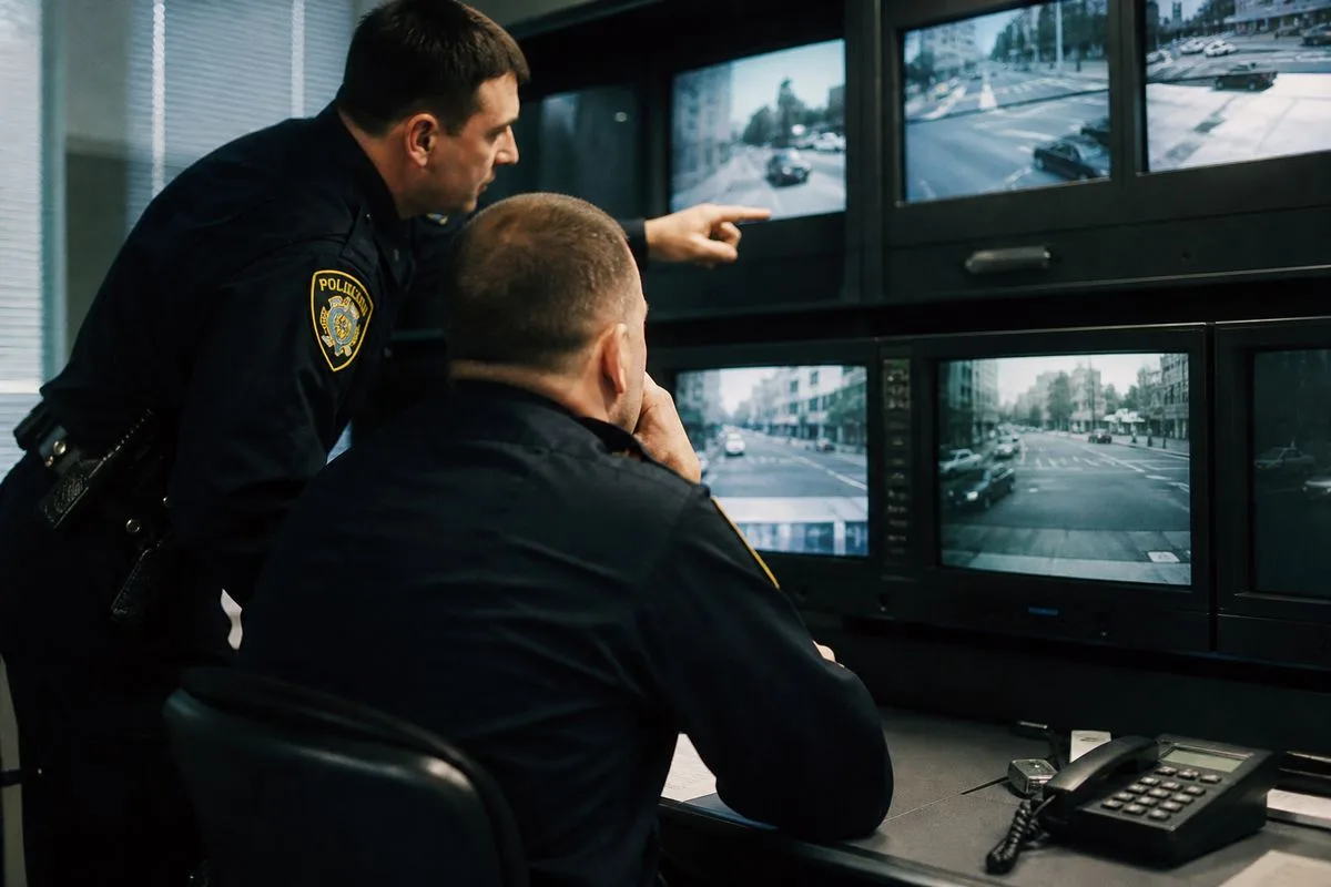 Police officers examining video footage in a control room