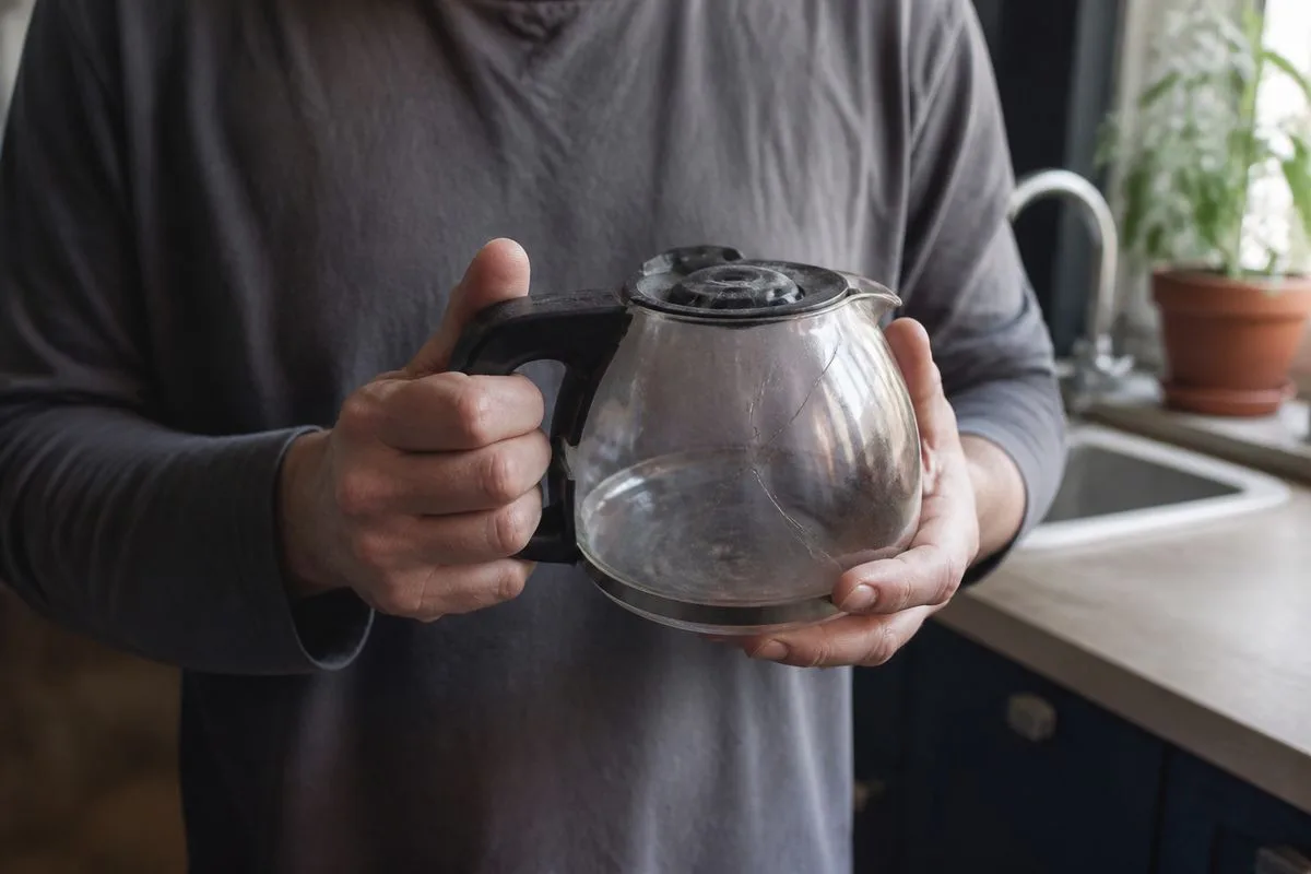 A person holding a cracked glass coffee carafe in a kitchen.