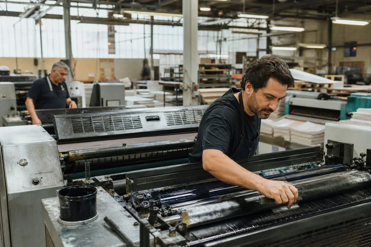 Workers operating large printing machines in a factory setting