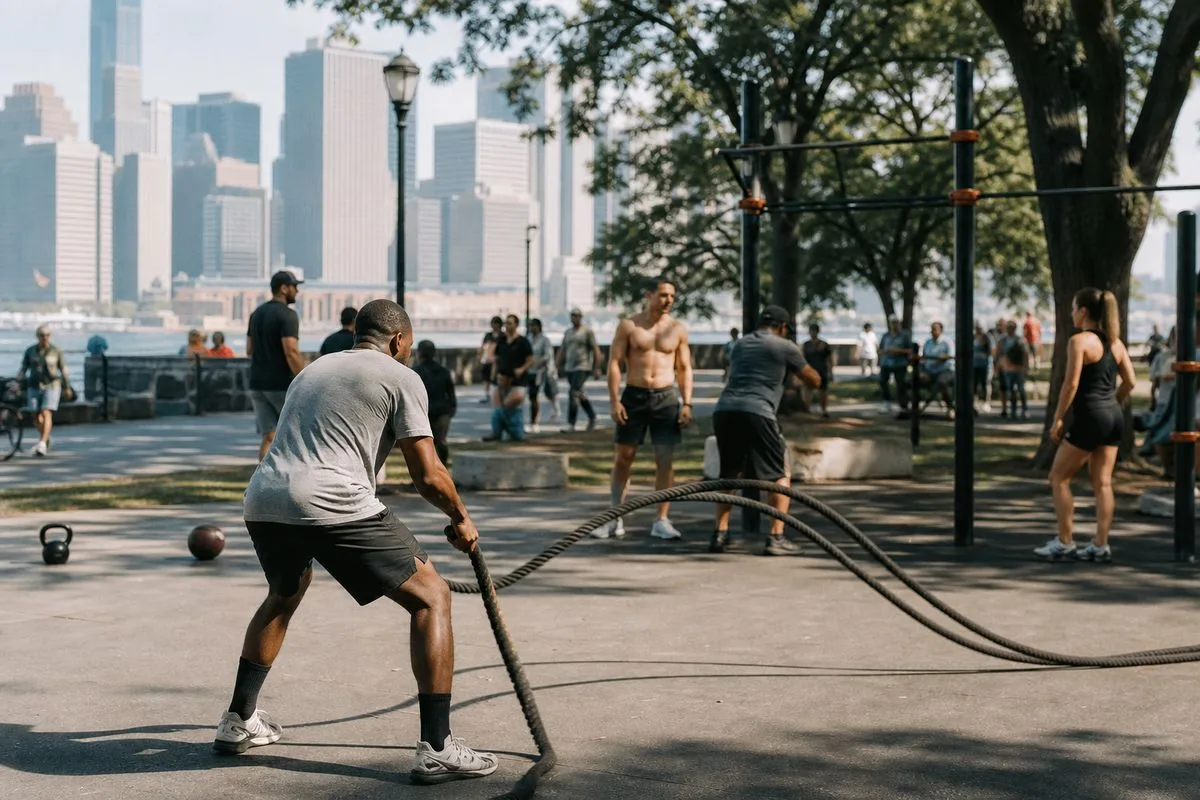 People exercising outdoors in a busy urban park
