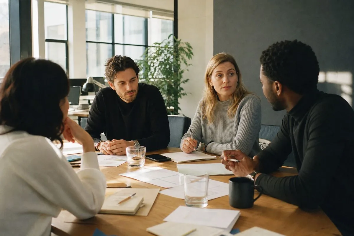 Office workers collaborating around a conference table