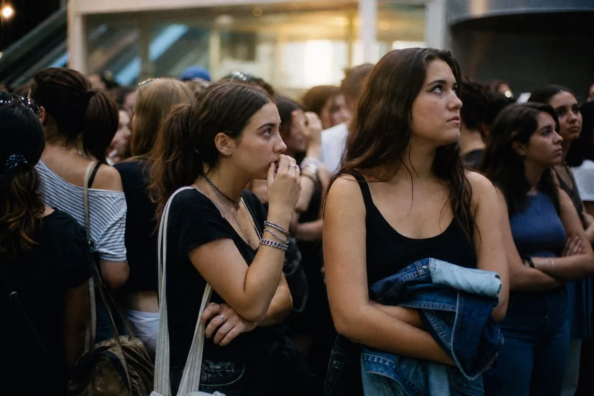 Fans anxiously waiting in a crowded concert venue lobby