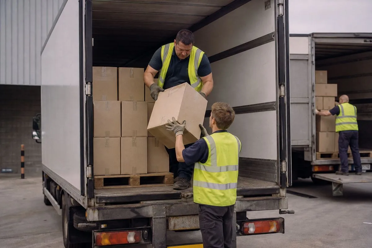 Warehouse workers loading packages onto delivery trucks in the UK