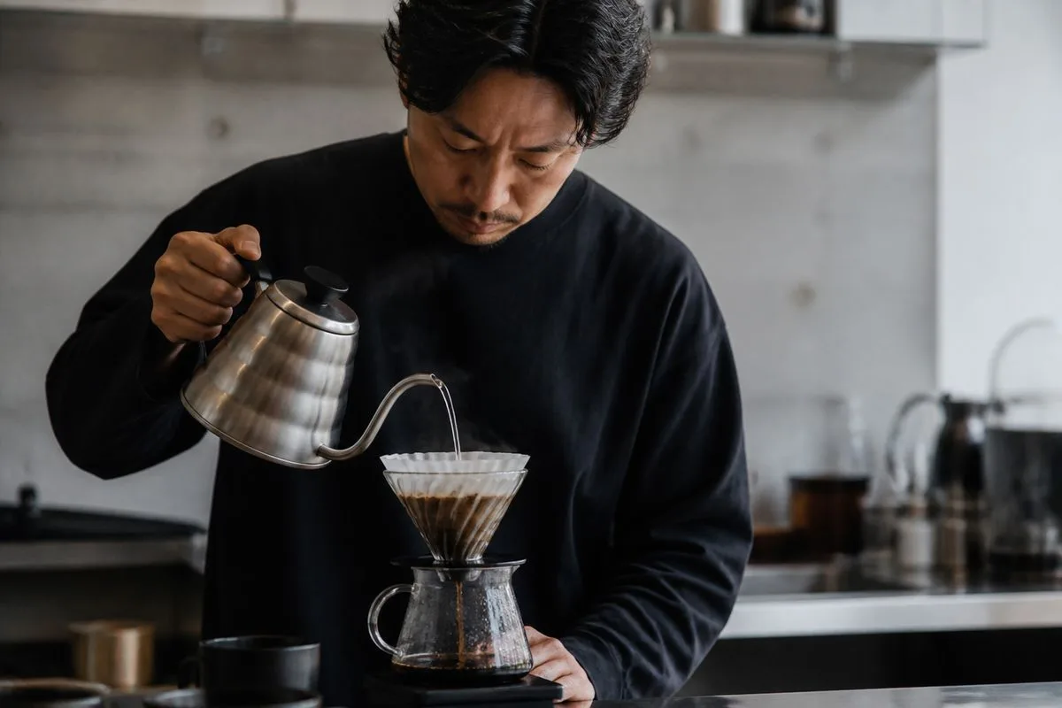 A barista pouring coffee through a Kalita Wave dripper.