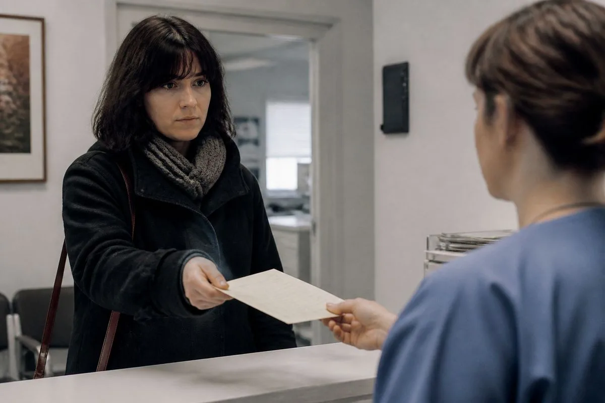 A person hesitantly handing over a medical form in a clinic.