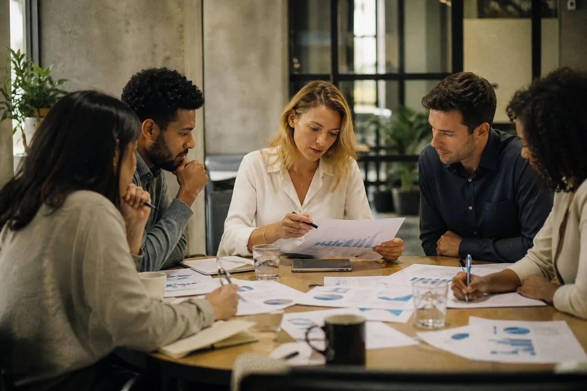 Retail team analyzing sales data around a conference table