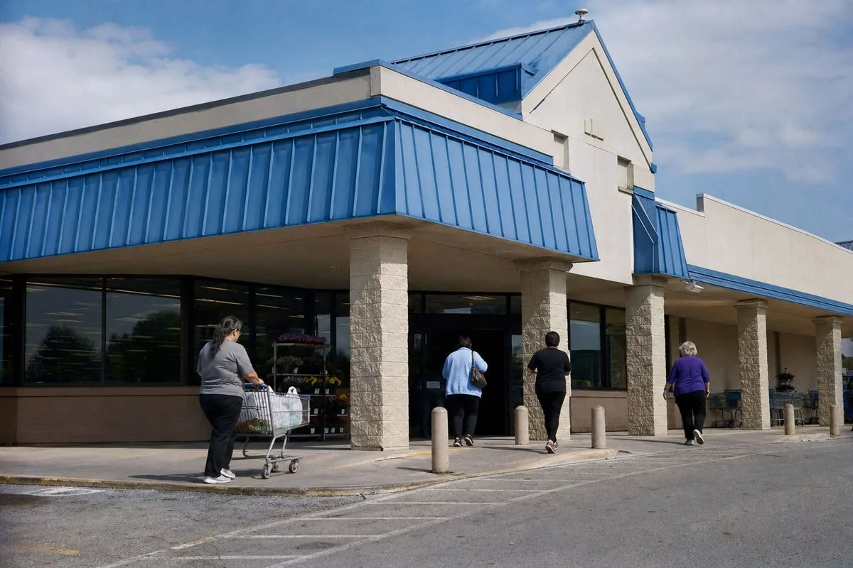 Food Lion supermarket storefront with shoppers entering.