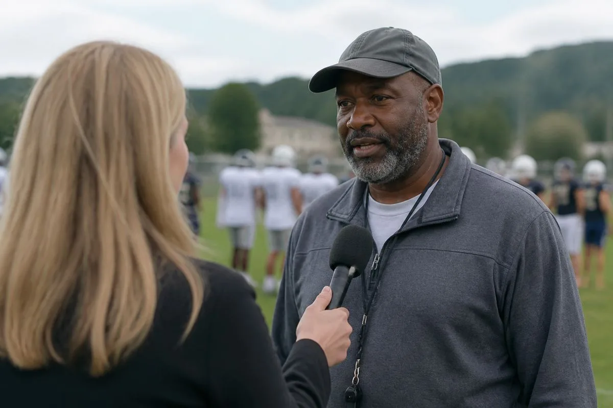 A local reporter interviewing a community sports coach outdoors