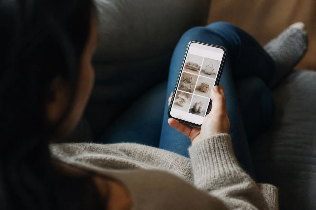 A person scrolling on a smartphone with targeted ads visible.