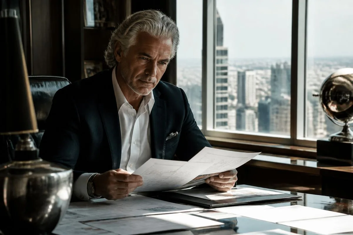 A billionaire examining stock portfolios in a sleek office.