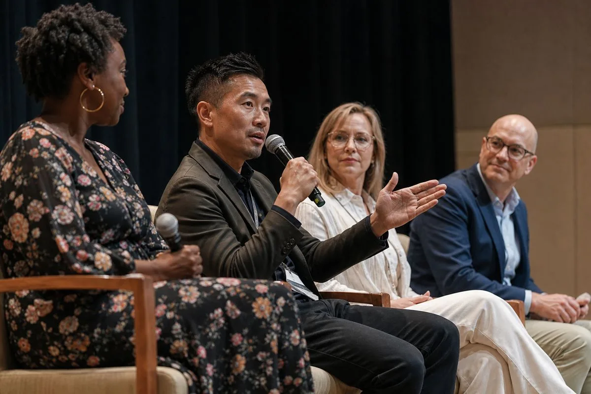 A diverse group of speakers on stage at a conference panel