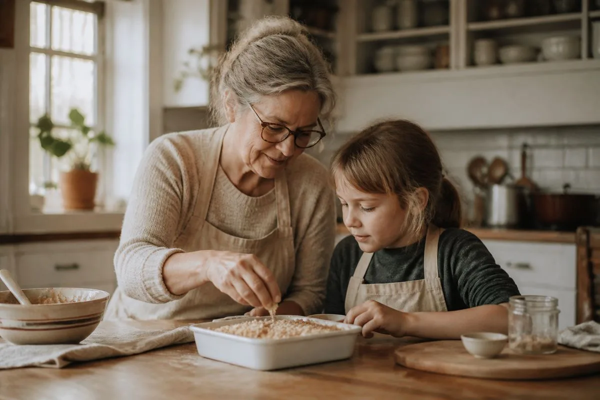A grandmother and child baking coffee cake together in a cozy kitchen
