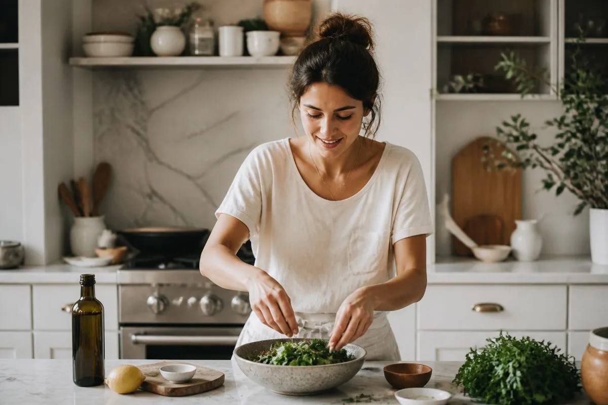 A food blogger filming a quick recipe in a modern kitchen