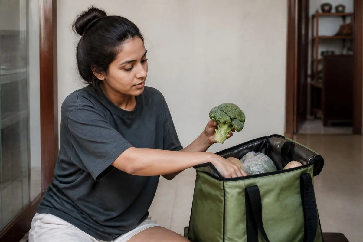 A shopper selects groceries from a Blinkit delivery bag.