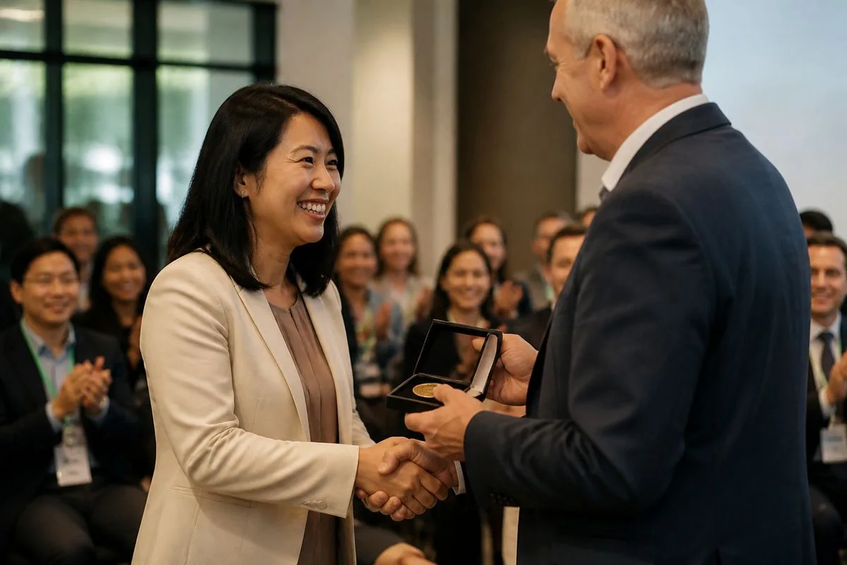 A professional receiving an AI certification badge at a conference