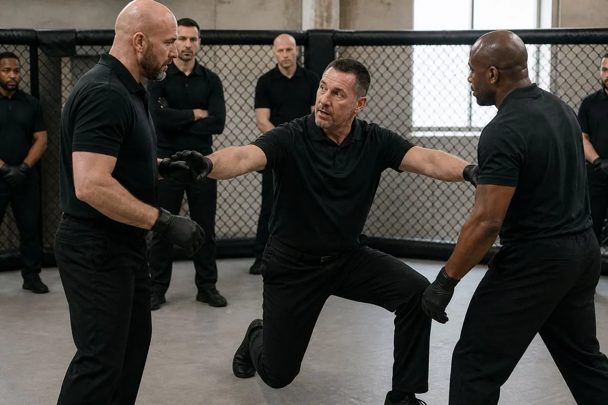 Referees practicing officiating techniques at an MMA seminar