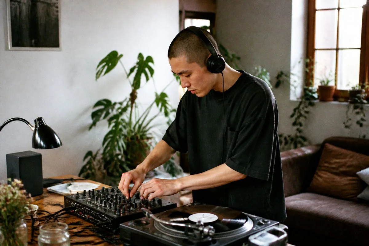 A person mixing music at a home DJ setup.