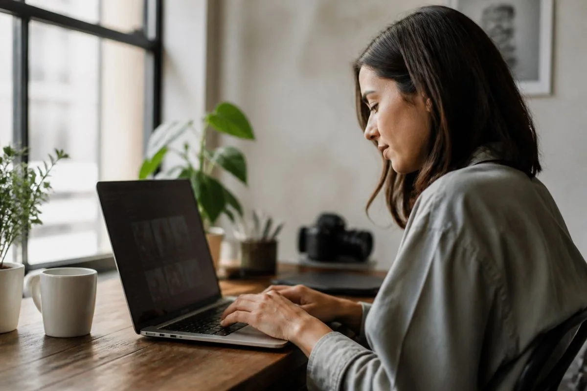 A blogger working on a laptop with AI tools open