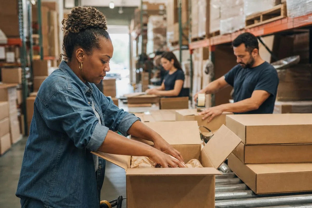 Warehouse workers efficiently packing orders for shipment