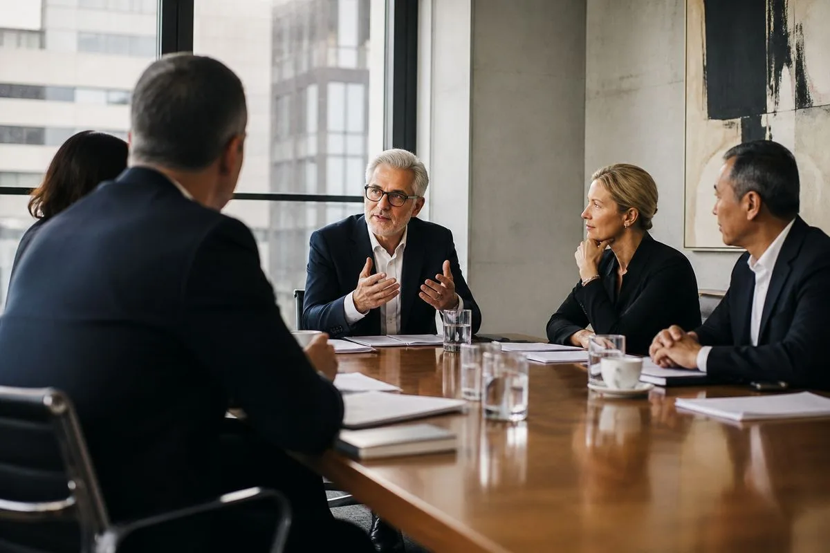 Executives discussing strategy in a modern office conference room
