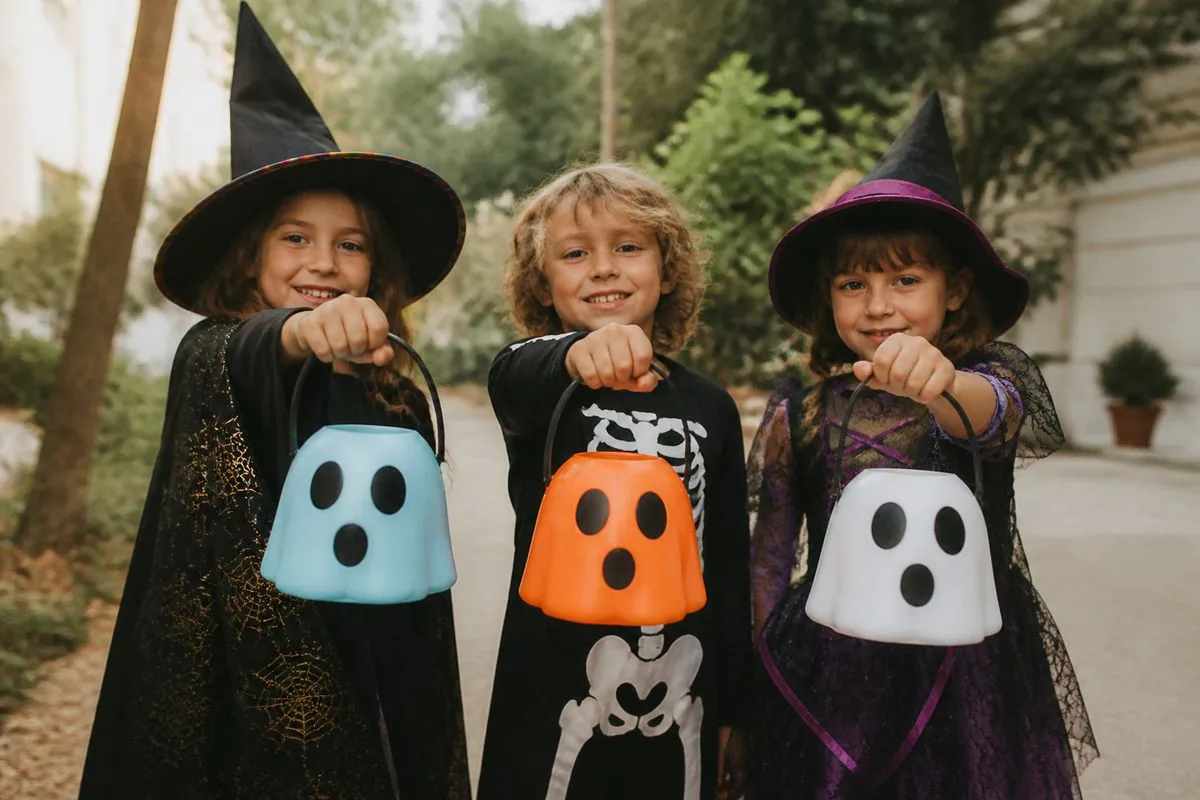 Children proudly displaying Halloween-themed Boo Buckets outdoors