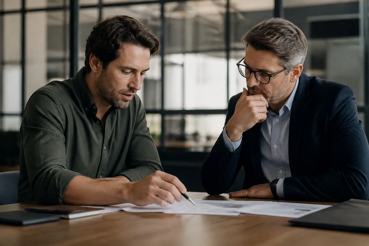 An entrepreneur reviewing documents with a trusted advisor