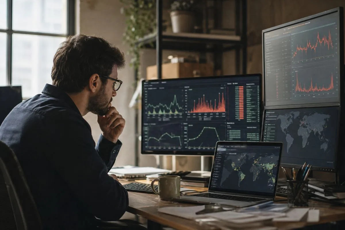 A developer monitoring website security alerts on multiple screens