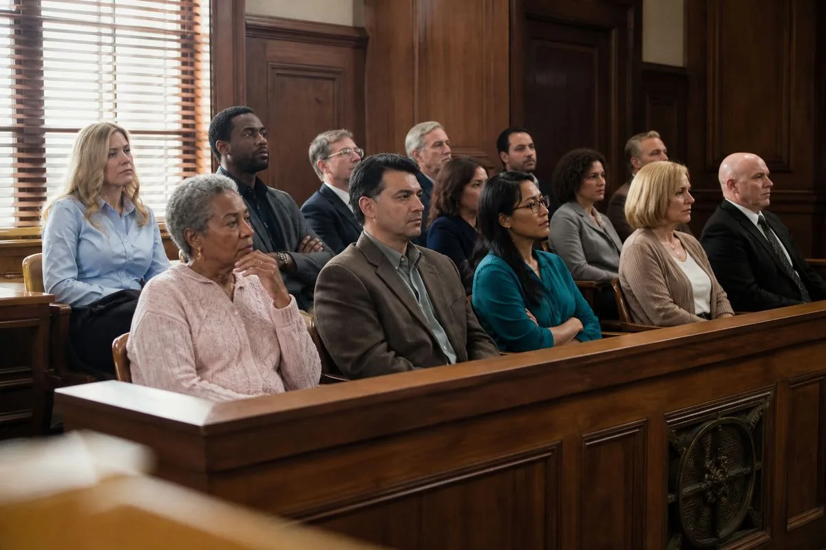 A courtroom filled with attentive jurors during a trial session