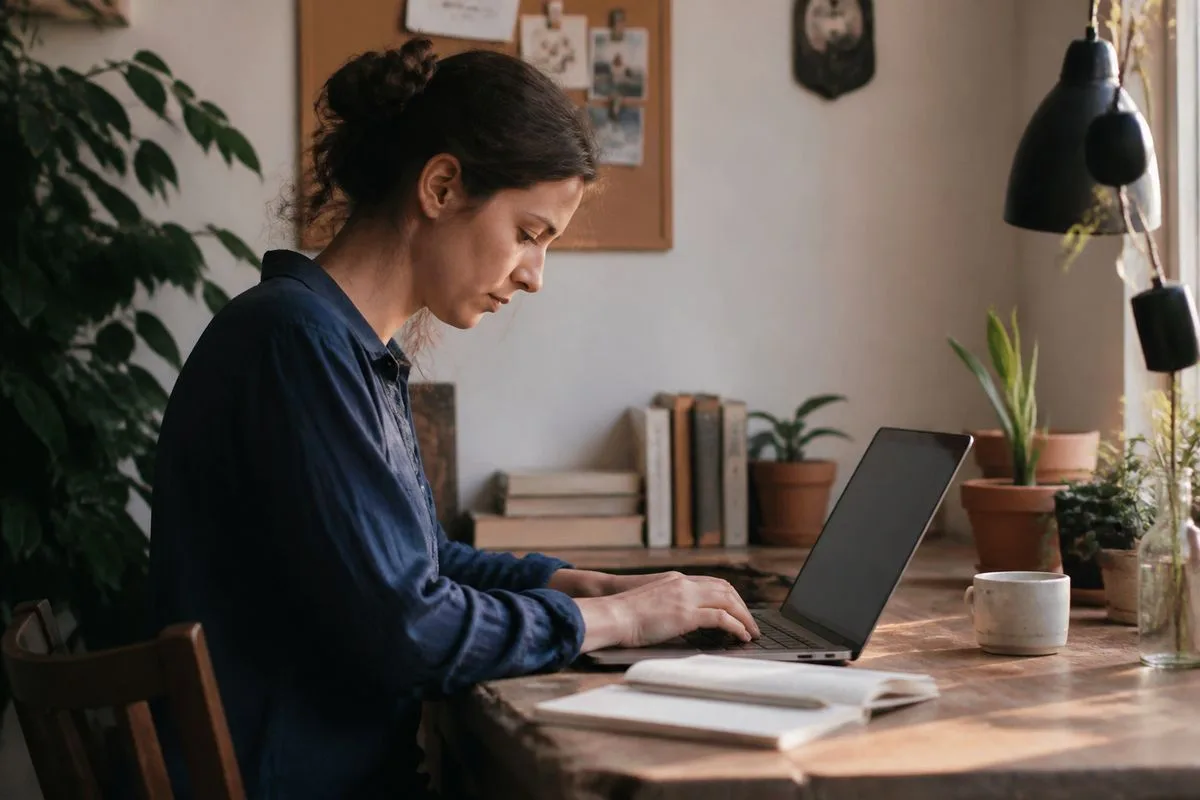 A person typing on a laptop with AI chatbot interfaces visible.