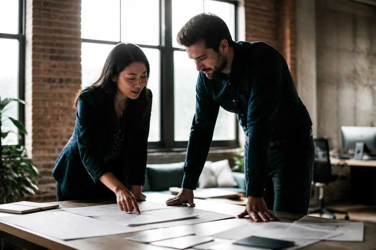 Business professionals discussing plans in a modern office.
