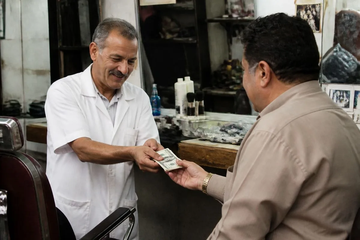A small business owner handing cash to a customer after service.