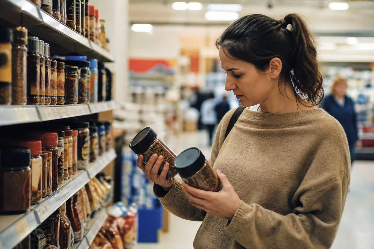 A shopper examining instant coffee packages in a supermarket aisle