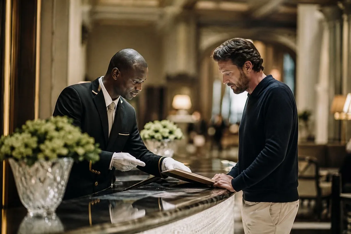 A concierge assisting a client in a luxury hotel lobby