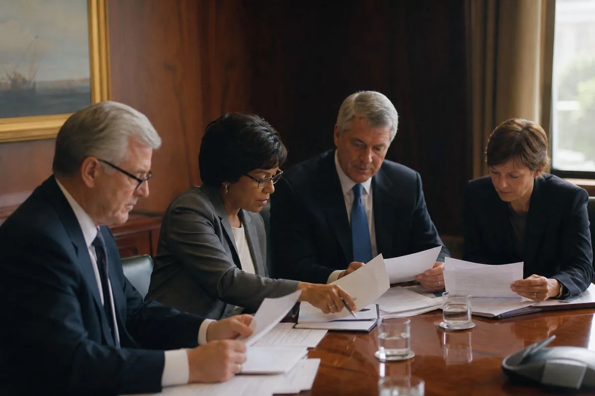 Government officials reviewing contracts in a conference room
