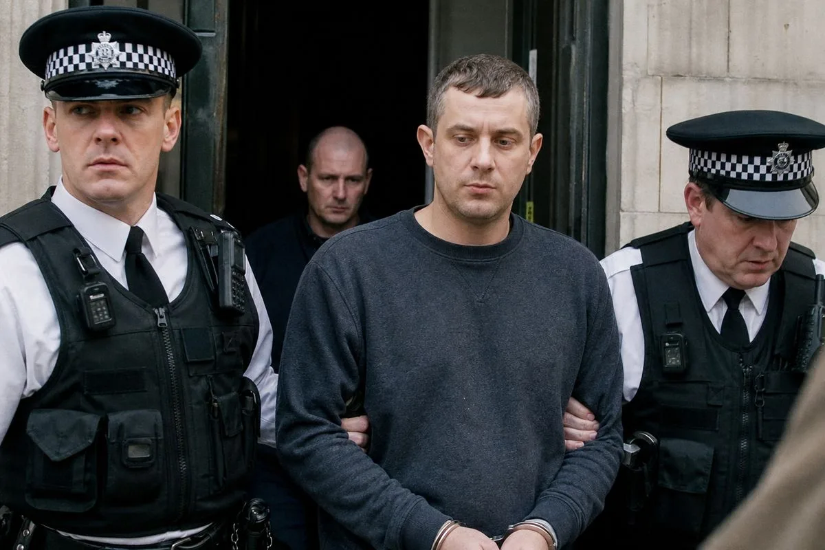 Daniel Thomas leaving Portsmouth Crown Court escorted by officers