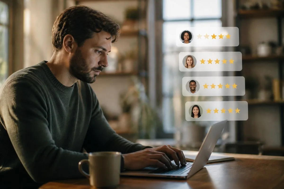 A person typing on a laptop with customer reviews displayed nearby