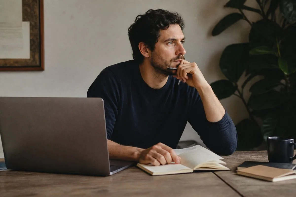 An entrepreneur brainstorming ideas with a laptop and notes